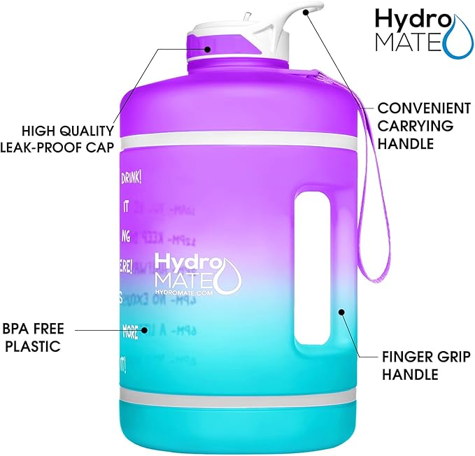 NatureWorks HydroMATE Gallon Water Bottle with Straw BPA FREE Leak Proof Reusable Water Bottle with Times to Drink Marked Hourly 128 oz