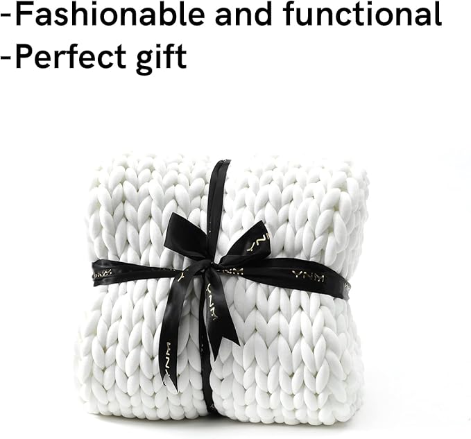 YnM Knitted Weighted Blanket, Hand Made Chunky Knit Weighted Throw Blanket for Sleep or Home Décor, Rest and Relax in Style Handmade Weighted Blankets (White, 80''x87'' 25lbs)