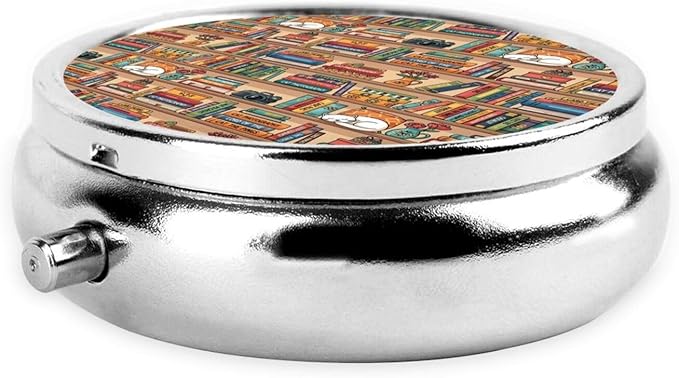 Round Pill Box,3 Compartment Mini Decorative Pocket Purse Portable Travel Medicine Tablet Vitamin Holder Organizer Pill Case,Sleeping Cat Library Bookshelf
