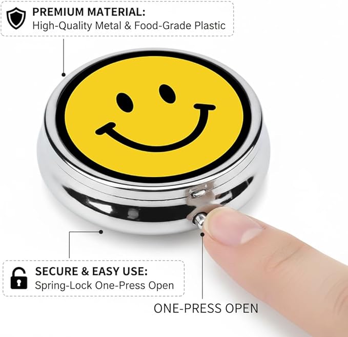 Smile Face Pill Box 3 Compartment Small Pill Case,Portable for Pocket or Purse Pill Organizer Pill Container Holder with Mirror to Hold Vitamins, Medication, Fish Oil and Supplements