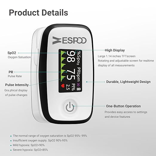 Pulse Oximeter with 20 Memories, Oxygen Monitor Fingertip 4 Colors TFT, Alarm and Brigthness Adjustable
