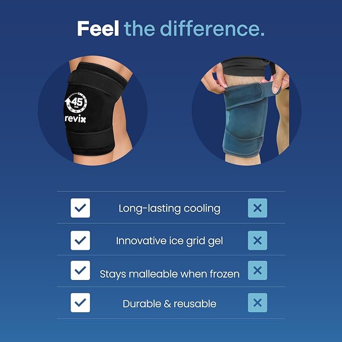 REVIX Knee Ice Pack Wrap, 45-Minute Long-Lasting Ice Pack for Knees with Ice Grid Gel Design, Reusable Gel Ice Wrap, Cold Therapy to Soothe Discomfort in the Thighs, Elbows, Calves & Legs (12" × 9.5")