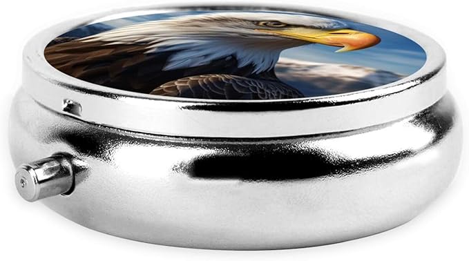 Pill Box 3 Compartment Medicine Pill Organizer American Bald Eagle Round Pill Case for Purse & Pocket Travel Pillbox Portable Metal Medicine Vitamin Fish Oil Organizer Unique Gift