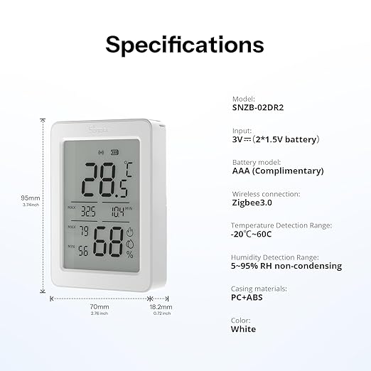 SONOFF AirGuard TH, Indoor Smart Zigbee Temperature and Humidity Sensor, 3.6'' LCD Display, App Monitoring with Charts, Notification Alerts, Data Export, Remote Data Display 2-Pack