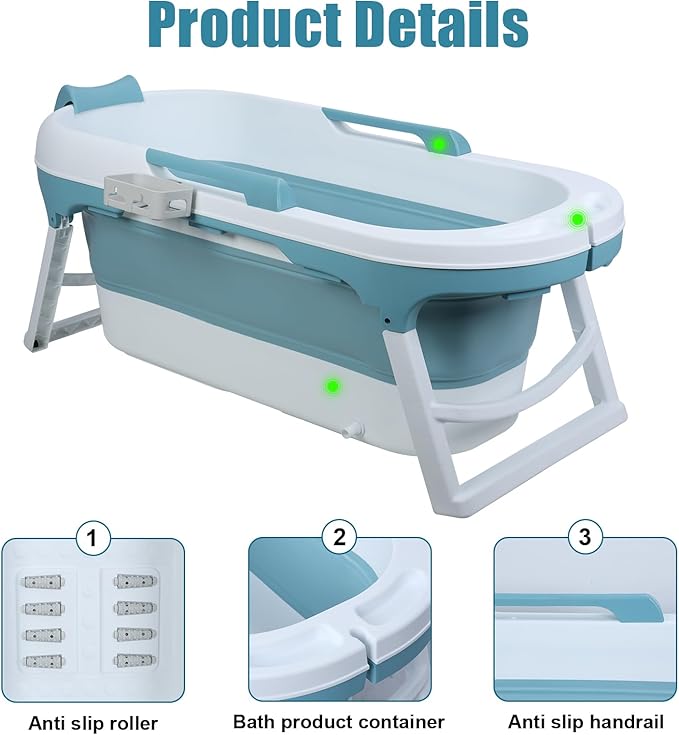 51" Portable Bathtub for Adult,Foldable Tub with Handle,Ergonomic Headrest,Soaking Tub,No Lid,Large Collapsible Bathtub for Shower Ice Bath,Hot Bath,Home Sauna, Sweat Steaming (Blue C, 141 cm)