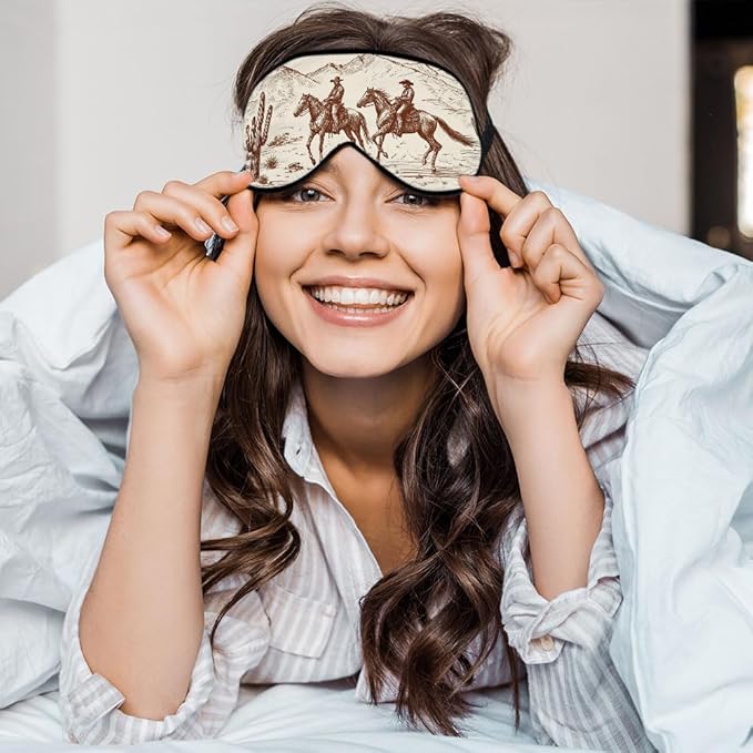 American Cowboys Silk Eye Mask Sleep Mask Running Horse Mountain Cactus Wild West Desert Eye Mask with Adjustable Strap Lightweight for Women Work Travel Night Sleep