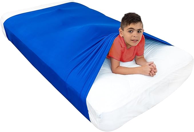 Sensory Bed Sheet for Deep Pressure Therapy – Spandex Bed Sheet – Sensory Compression Blanket for ADHD, Autism – Breathable & Hypoallergenic, Blue, Queen Size