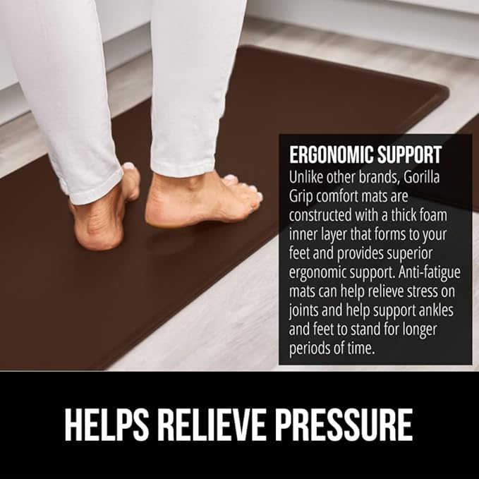 GORILLA GRIP 2 Pack Comfortable Cushioned Kitchen Mats for Floor, 17x24 + 17x48, Waterproof and Stain Resistant, 1/2 Inch Thick Soft Ergonomic Standing Desk Anti Fatigue Mat, Foam Supports Feet, Brown