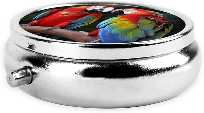 Pill Box 3 Compartment Medicine Pill Organizer Two Colored Parrots Round Pill Case for Purse & Pocket Travel Pillbox Portable Metal Medicine Vitamin Fish Oil Organizer Unique Gift