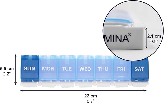 KMINA Pill Organizer Large with Push Button, Weekly Medicine Pill Organizers, 7 Day Pills Box Case Travel for Big Vitamin Supplements