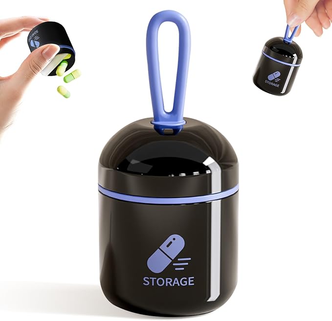 Keychain Pill Holder, Small Pill Box Case Container Organizer for Purse, Removable Divider, Silicone Seal Moisture Proof Mini Pill Bottle for Outdoor Camping Travel (Black)