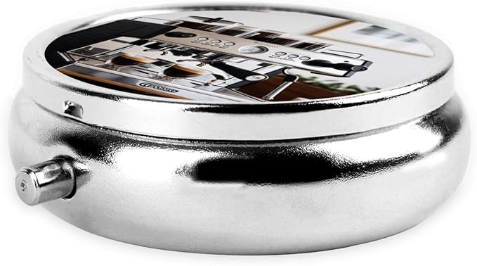 ZhongGuo Espresso Machine Printed Pill Organizer,Round Travel Pill Organizer Mini Medicine Pill Box for Purse Iron Plating