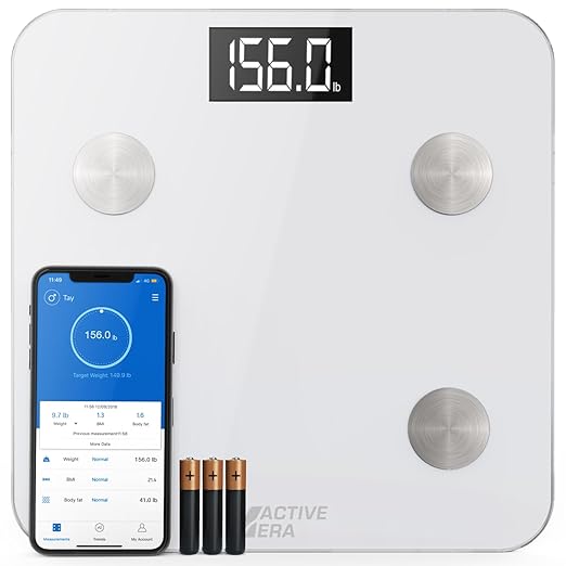 Active Era Digital Bathroom Bluetooth Scales Weight and Body Fat - Fit Track Scale Calculates BMI, Body Fat Percentage, Muscle Mass - Apple Health, Google Fit & Fitbit Compatibility (White)
