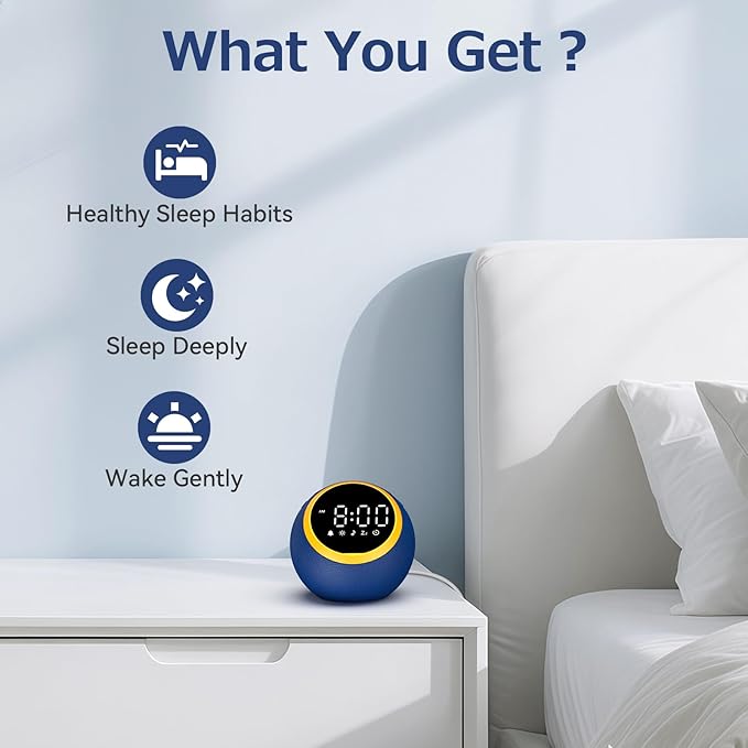 White Noise Sound Machine with Clock: Alarm Clocks, 30 Soothing Sounds, 10 Soft Wake-Up Sounds, 32 Adjustable Volume & Timer, Memory Function - Ideal for Bedrooms Use (Blue)