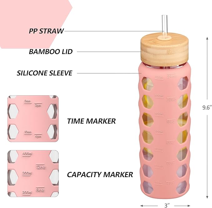 MUKOKO Glass Water Bottles, 24oz Glass Tumbler with Straw, Drinking Bottles with 2 Lids-Handle Spout Lid&Bamboo Straw Lid, Motivational Water Bottle with Time Marker and Silicone Sleeve, 1 Pack-Pink