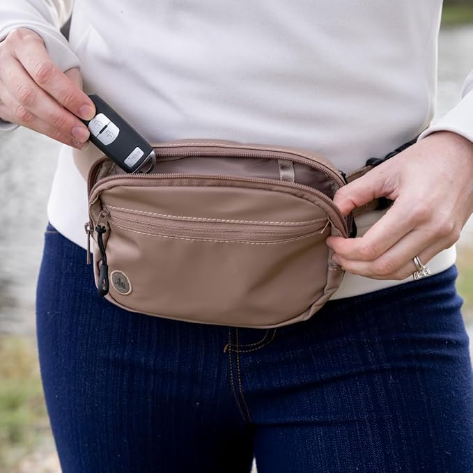 DefenderShield EMF & 5G Radiation Protection Fanny Pack - Light Brown Hip Pack for Men & Women - Adjustable Waist Belt Bag with Pockets