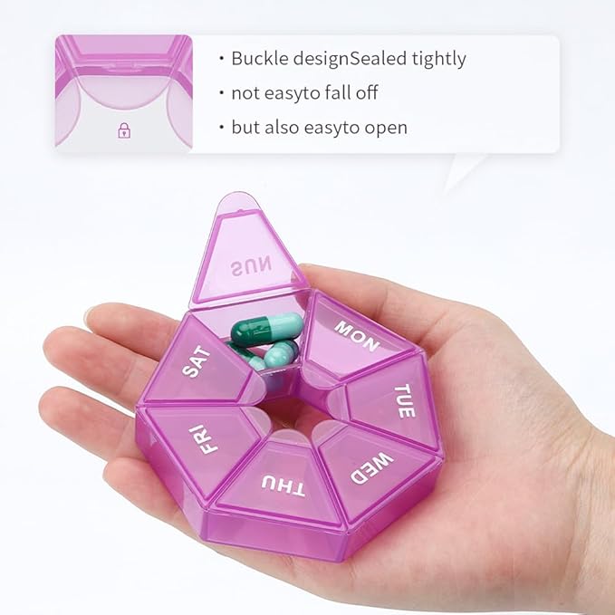 Pill Organizer, Pill Box, Small Pill Case, Medicine Pill Organizer 1 Time a Day, Weekly Pill Organizer, Pill Container, Pill Holder, Daily Pill Organizer Travel Pill Organizer 7 Day (Purple)