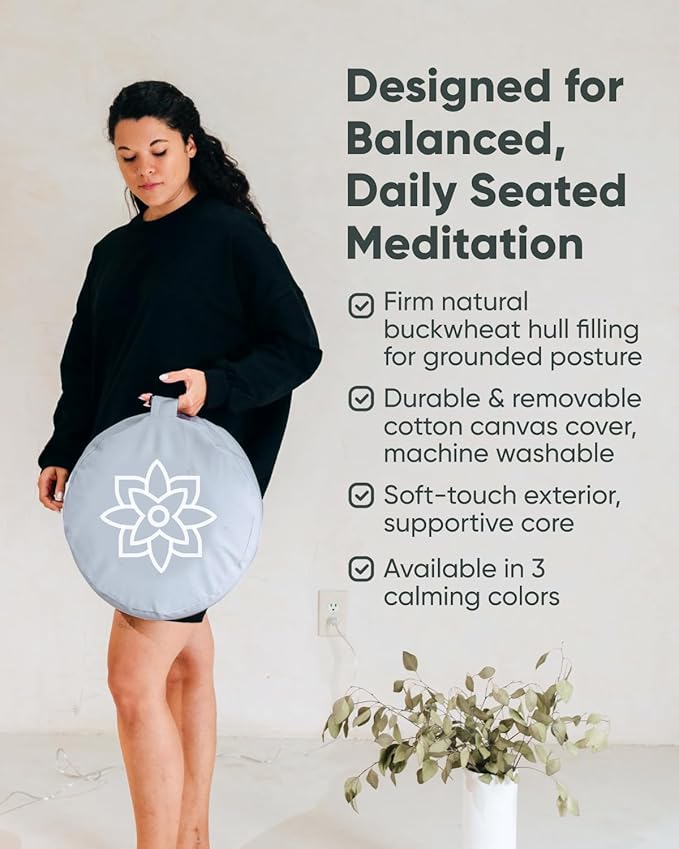 Mindful & Modern Large Meditation Cushion for Zafu Yoga - Meditation Pillow for Sitting on the Floor - Buckwheat Hull Filled Yoga Cushion with Removable, Washable 100% Cotton Cover and Carry Handle