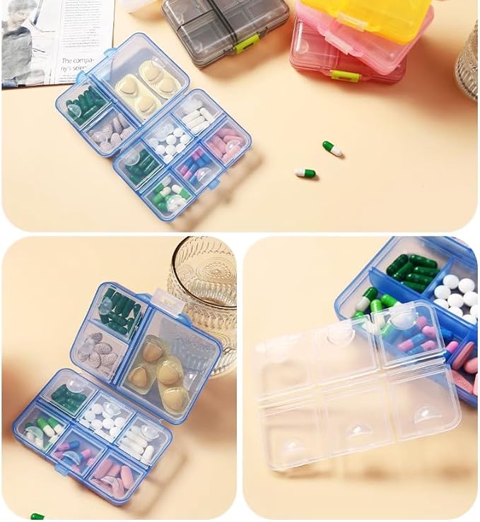 Travel Medicine Pill Organizer, Daily Pill Box Purse Pocket, Weekly AM PM Medication Reminder Planner, Cute Pill Holder Container Portable Compact Vitamin Supplement Capsule Dispenser, Blue