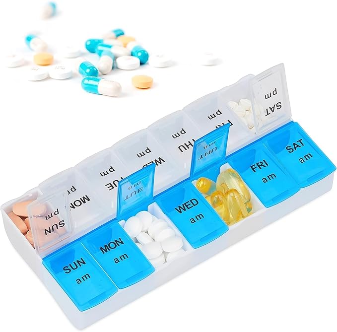 Pill Organizer 7 Day, Pill Box 2 Times a Day AM PM Pill Case, Weekly Pill Container Portable Travel Medicine Box for Vitamins and Supplements (Blue-White)