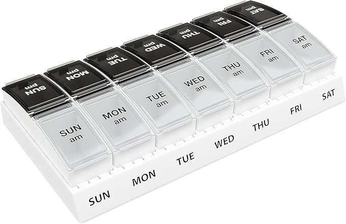Weekly AM/PM Pill Organizer - 7 Day Medicine Planner with Large Pop-Out Daily Compartments, Easy Open 2-Times-a-Day Pill Case for Travel that Holds Big Size Vitamins & Supplements, Black and White