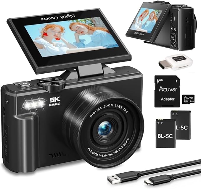 4K/5K Digital Camera – 75MP UHD Vlogging Camera for Photography & Video, WiFi, Autofocus, 3" Flip Screen, 18X Zoom – Compact Starter Kit (Black)