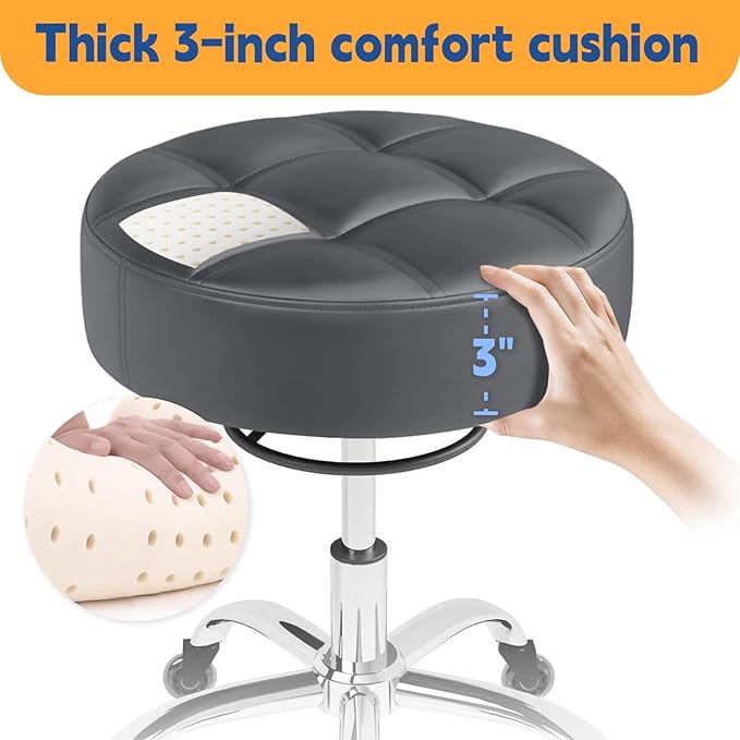 Rolling Stool Heavy Duty 400lb: Super Soft Seat Cushion,360° Swive,Height Adjustability,No Squeaky Noises,No Tip Over,New Upgraded stool Salon Stool Chair, Tattoo Facial Massage Spa Medical (Grey1)