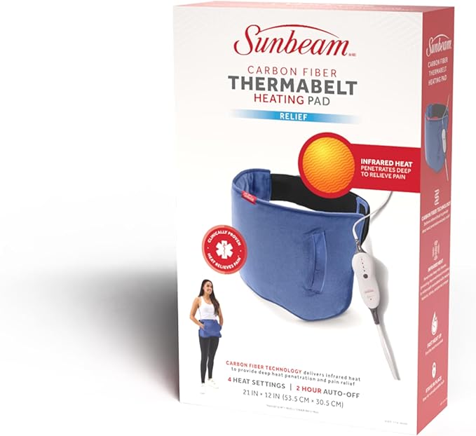 Sunbeam Carbon Fiber Thermabelt Infrared Heating Pad, 12x21in, for Period Cramps, Stomach Cramps, Lower Back