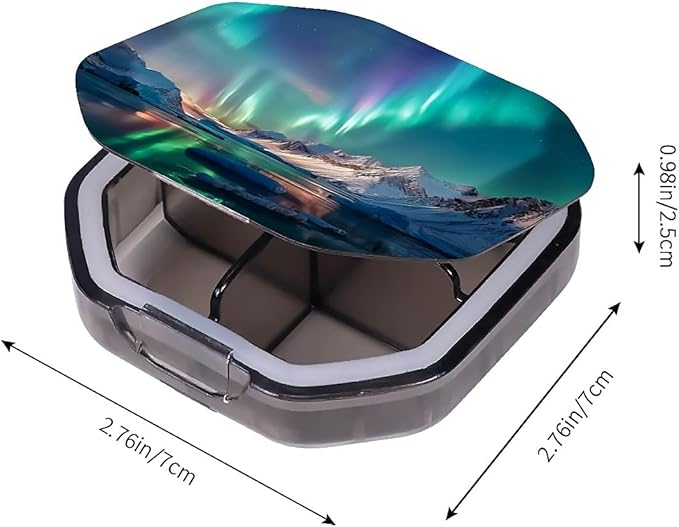 This Portable Northern Lights Pattern 4-Compartment Pillbox Can Be Placed in A Pocket Or Wallet to Store Vitamins, Medicines Fish Oil Health Supplements Other Medications.