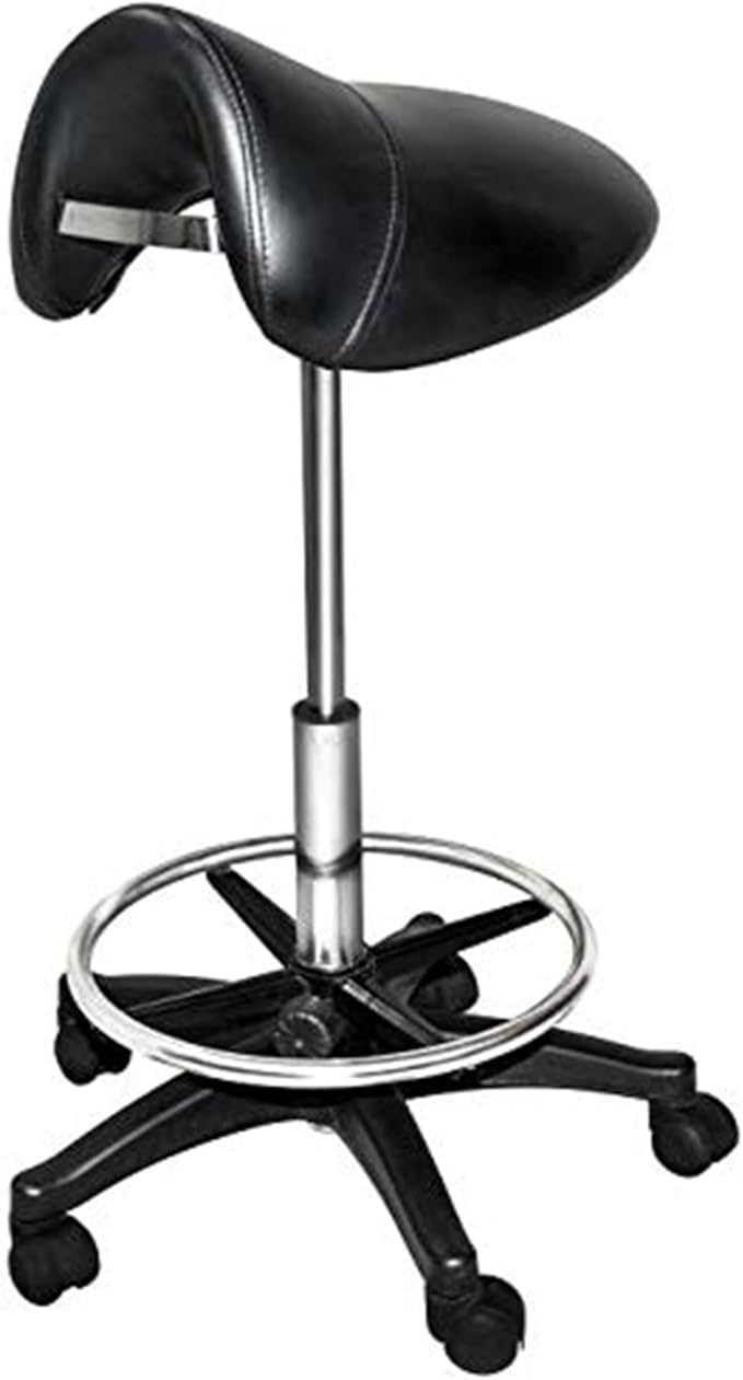Chromium Professional Rotational Saddle Cutting Stool with High Density Foam Cushions and Steel Frame for Hair Cutting, Styling, and Perming, Black