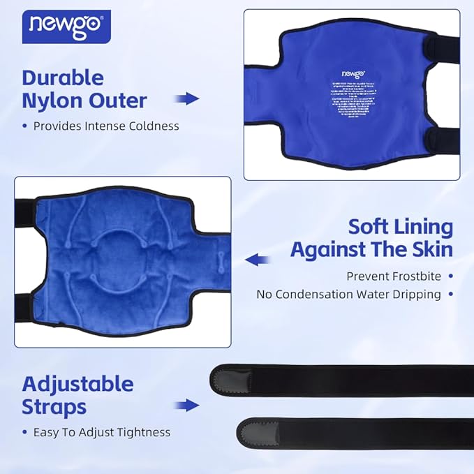 NEWGO Ice Pack for Knees Injuries Reusable, 2 Pack Knee Ice Pack Wraps Around Entire Knees for Replacement Surgery Recovery, Gel Cold Pack Wrap for Meniscus Tear, ACL, Swelling Pain Relief - Blue