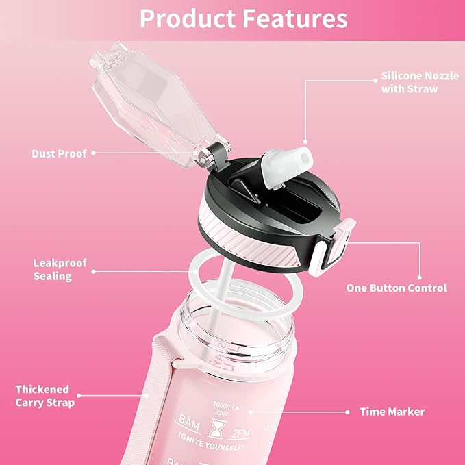 Water Bottle with Straw, 32oz Motivational Water Bottles with Time Marker to Drink, Tritan BPA Free, 1L Sports Water Bottle with Carry Strap LeakProof for Women Gym Fitness Outdoor (1 Pack)