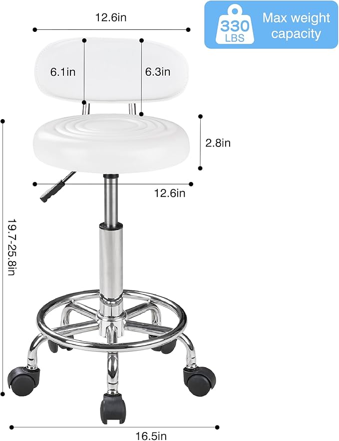VECELO Salon Rolling Stool, Spa Chair with Backrest, Hydraulic Height Adjustable from 19.7" to 25.8" with 300 lb Capacity, for Salon, Spa, Lab (White)