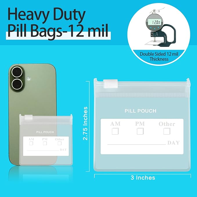 18 Packs Color Pill Pouch Bags 12mil 3 x 2.75 Inch bpa-Free, Frosted Clear EVA Materials, Heavy-Duty Thick Plastic Bags, Seal Zipper for Travel Medicine Organizer, Jewelry, Small Craft Pieces-Clear