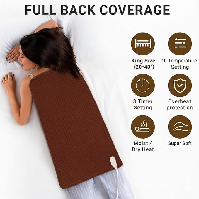 Full Back Heating Pad,20x40 Extra Large Heating Pad for Back Pain Relief,with 10 Temperature Controllers & 3 Auto-Off Timers,Dry/Moist Heat Therapy for Muscle,Joint,Menstrual Cramps (Brown)