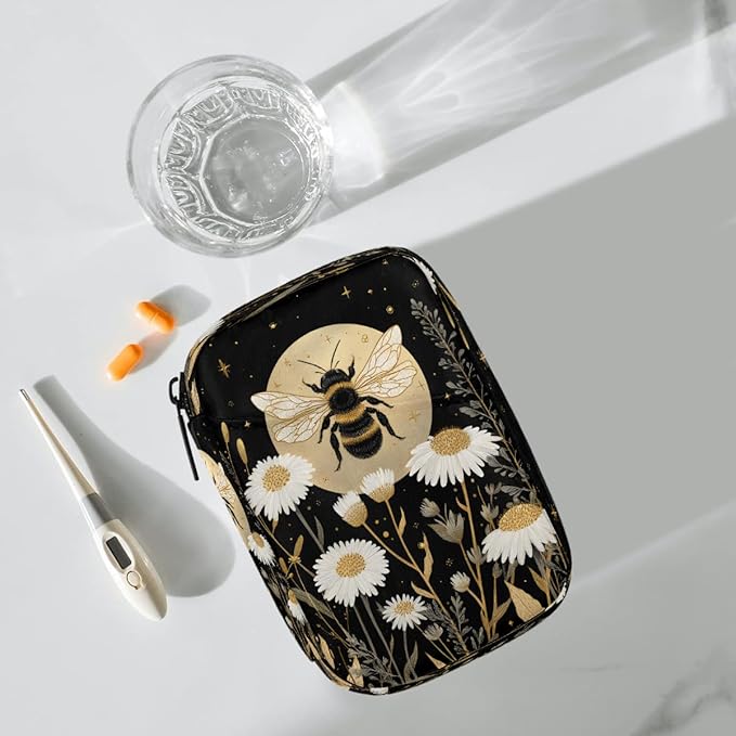 Bees Wild fowers Pill Case Everyday Travel, 7 Day Weekly Medicine Pill Box Compact Portable Pills Bottle Organizer with Zipper for Daily Vitamin Medicine Holder Bottle Organizers Bag