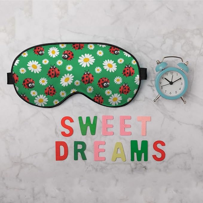 Ladybirds Daisy Sleep Mask Eye Mask Lady Beetle Ladybug Flying Insect Flowers Nature Green Sleep Mask Light Blocking Adjustable Soft Eye Masks for Women Deep Rest Travel