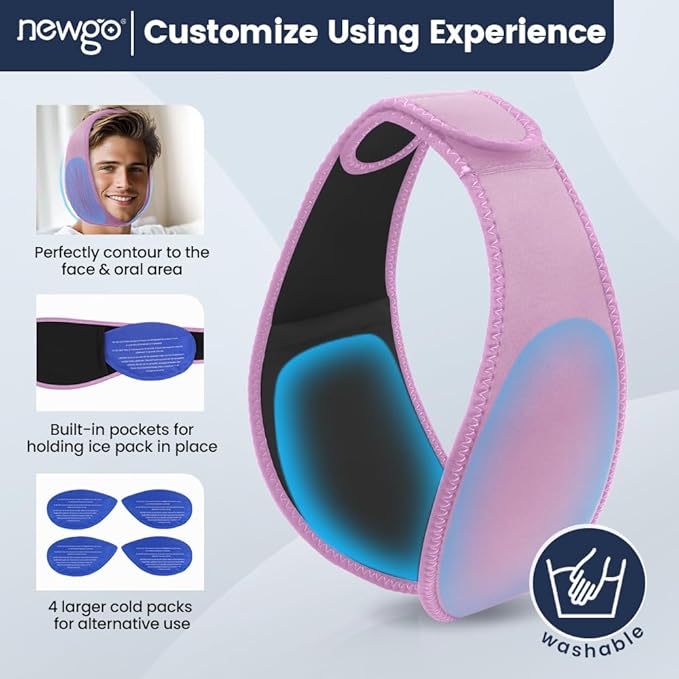 NEWGO Wisdom Teeth Ice Pack Head Wrap for Face Oral Surgery, Jaw Ice Pack for Face with 4 Hot Cold Gel Pack for TMJ, Tooth Extraction, Tonsillectomy Recovery - Purple