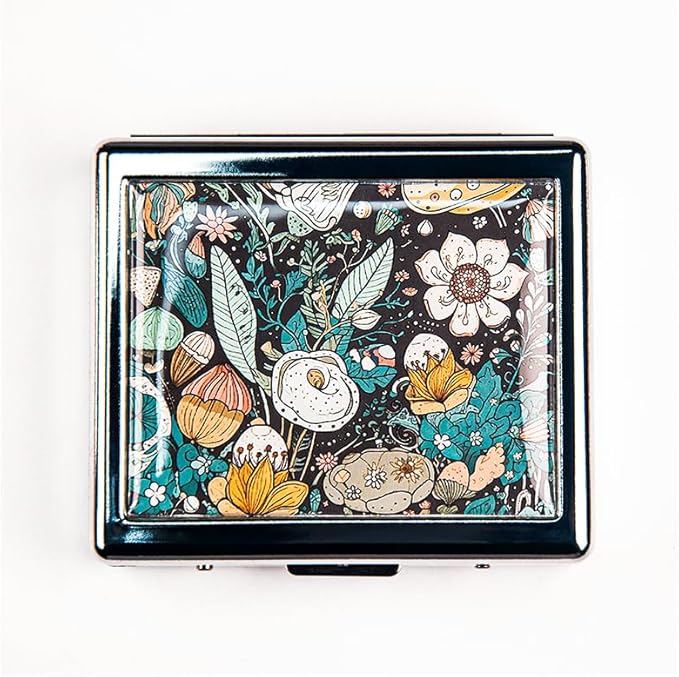 Magic Flowers 7 Days Chromed Shiny Silver Pill Organizer with Mirror Inside Has 8 Separate Compartments Rectangle 7 Days Pill Box Pill Case