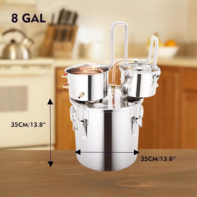 Shine Still 8 GAL 3 Pots Distillery Kit for Alcohol Stainless Steel Copper Tube Complete with Thumper Water Pump Metal Thermometer Fermentation Airlock Distilling for Whiskey, Brandy etc.