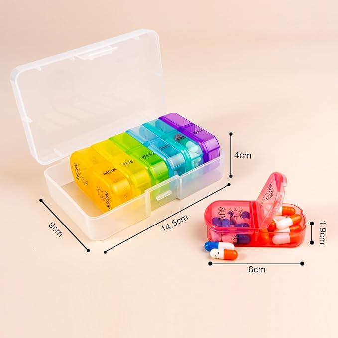 Travel Pill Organizer 7-Day for Purse Pocket, Daily Medicine Case Box with 14 Compartment Weekly Meds Container Reminder Planner AM PM Hold Medicine, Vitamin, Supplement, Fish Oil, Colorful