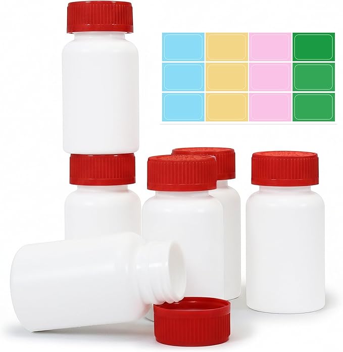 6 Pack 5oz Travel Pill Bottles - White Food Grade Plastic with Screw Caps & Labels, Small Pill Organizer for Pills, Vitamins, Capsules