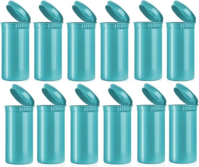 Multi-Use Airtight Empty Pill Bottles with Hinged Lids, 13 Dram Plastic Bottle Organizer for Supplements, Vitamins & Medicines, 12 Pack (Aqua Opaque)