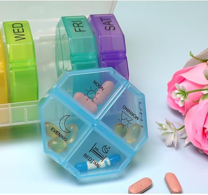 Weekly Pill Organizer 4 Times a Day, Large Pill Dispenser 7 Day with 28 Extra Large Compartments, Portable Travel Pill Box AM PM Morning Noon Evening Bedtime Medication Organizer for Vitamins Fish Oil