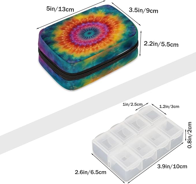 Rainbow Mandala Boho Pill Case Everyday Travel, 7 Day Weekly Medicine Pill Box Compact Portable Pills Bottle Organizer with Zipper for Daily Vitamin Medicine Holder Bottle Organizers Bag