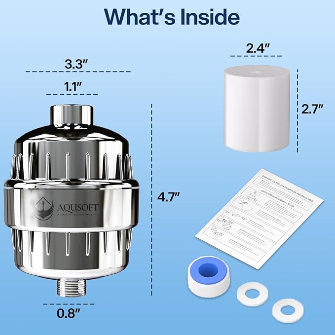 AQUSOFT 25-Stage Advanced Water Filter for Shower Head - Eliminates 99.9% Chlorine, Heavy Metals and Hard Water Impurities | Improves Skin, Reduces Eczema & Dandruff | Universal Fit Shower Head Filter