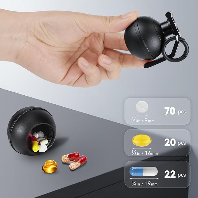 Tactical Small Pill Case, Metal Pill Holder with Keychain, Airtight Vitamin Container, Cool Mini Pill Organizer for Daily Medications, Supplements (Black)
