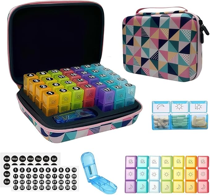31-Day Monthly Pill Organizer with 3 Daily Compartments, Travel Medication Box with Pill Cutter, AM PM Storage Case (Rhombus 31-Day Medication Storage Box)