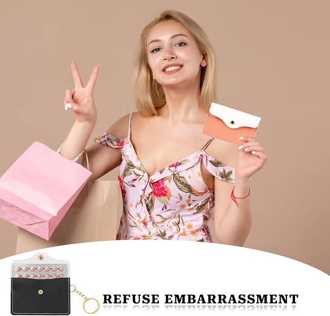 2 Pack Birth Control Pill Case Sleeve Packet PU Leather Wallet Pill Holder Birth Control Case with Snap Closure and Keyring Contraceptive Medicine Holder for Travel Bag Backpack, Black + Pink