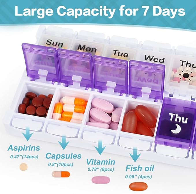 Shintop Am Pm Pill Organizer 7 Day, Push Button Weekly Pill Box 2 Times Removable Lid Medication Case Easy Fill Day Night Vitamin Container for Fish Oil Supplements (Purple & White)